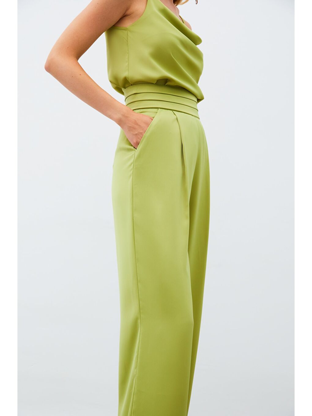 Cepli Salaş Saten Pantolon - Yağ Yeşili-4