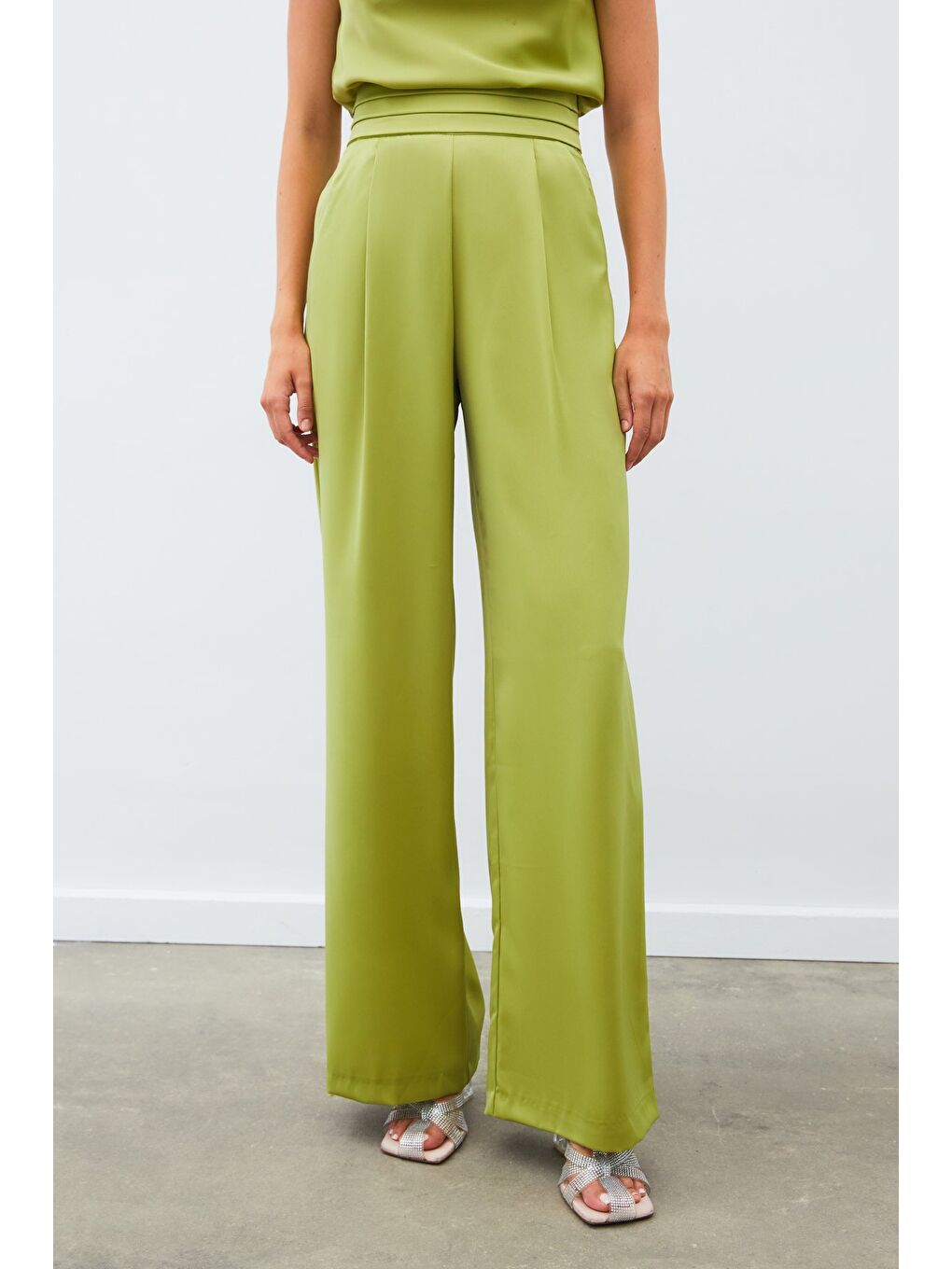Cepli Salaş Saten Pantolon - Yağ Yeşili-5