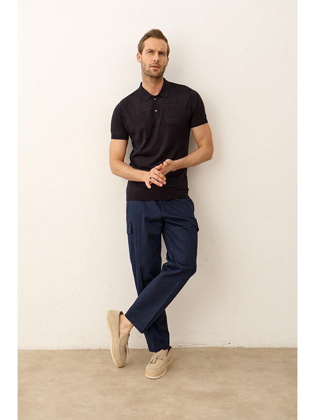 Erkek Çizgi Desenli Slim-Fit Yazlık Triko Tişört Koyu Lacivert-2