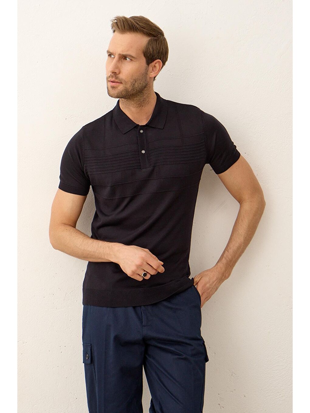 Erkek Çizgi Desenli Slim-Fit Yazlık Triko Tişört Koyu Lacivert-3