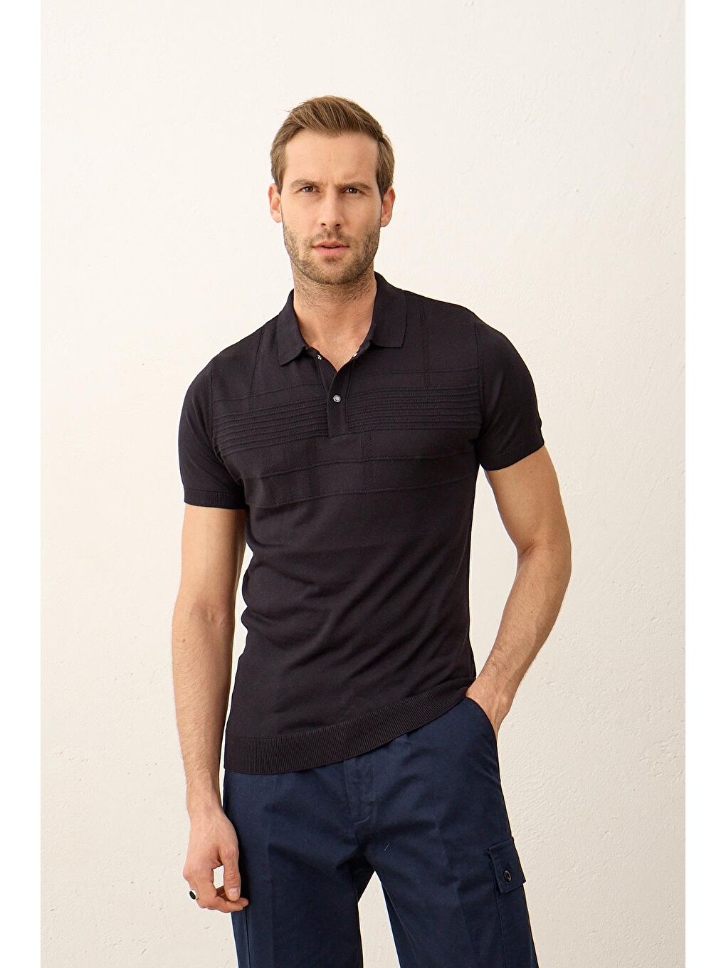 Erkek Çizgi Desenli Slim-Fit Yazlık Triko Tişört Koyu Lacivert-4