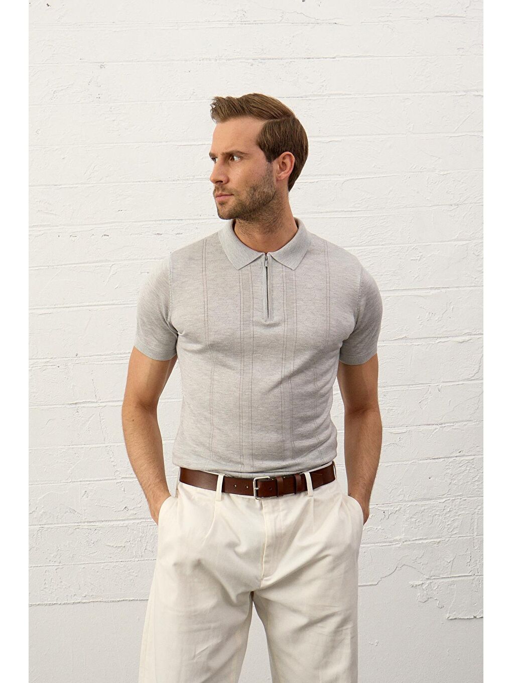 Gri Erkek Fermuarlı Slim-Fit Yazlık Triko Tişört