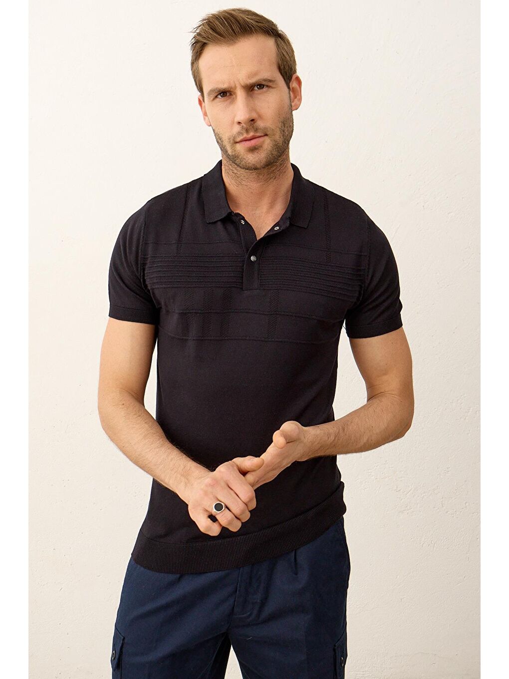 Erkek Çizgi Desenli Slim-Fit Yazlık Triko Tişört Koyu Lacivert-6