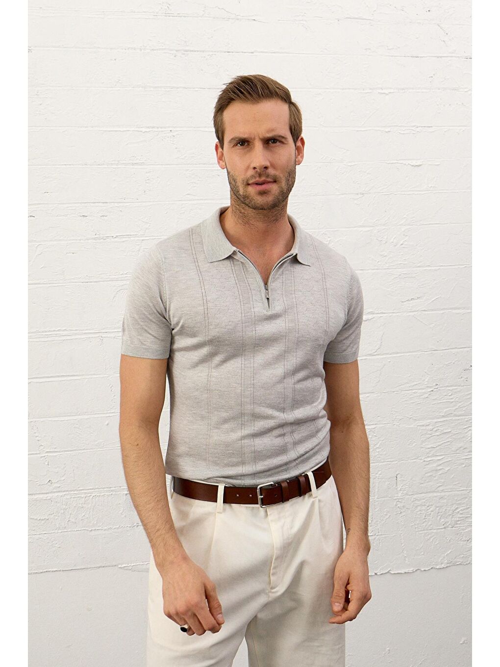 Gri Erkek Fermuarlı Slim-Fit Yazlık Triko Tişört-2