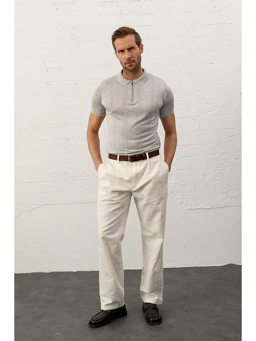 Gri Erkek Fermuarlı Slim-Fit Yazlık Triko Tişört-4