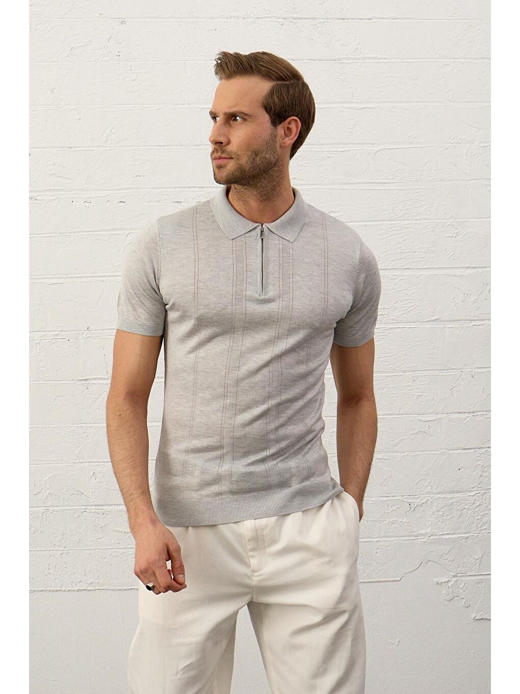 Gri Erkek Fermuarlı Slim-Fit Yazlık Triko Tişört-5
