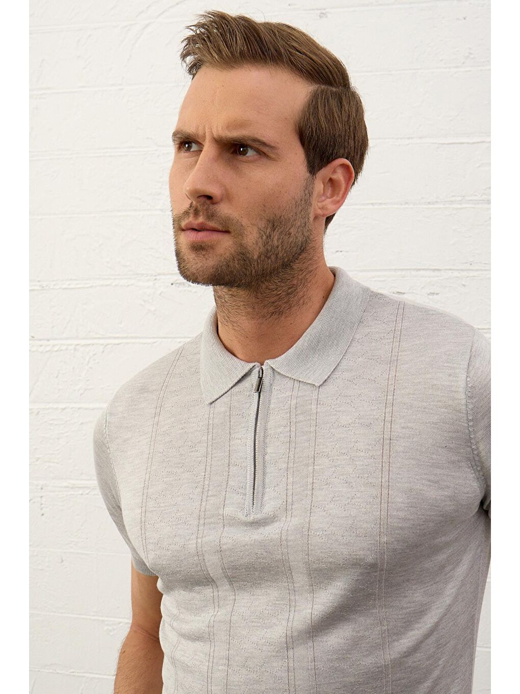 Gri Erkek Fermuarlı Slim-Fit Yazlık Triko Tişört-6