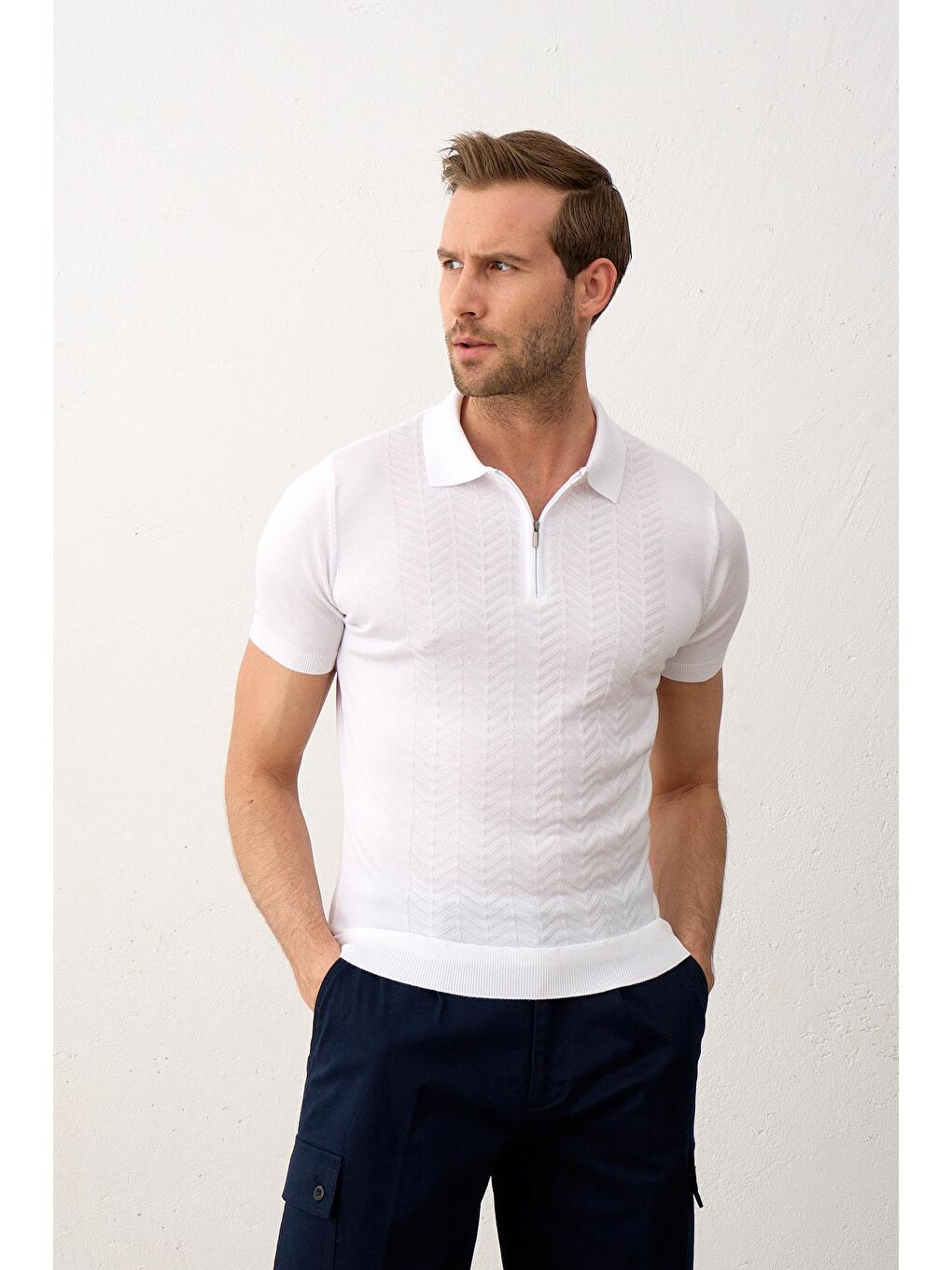 Beyaz Erkek Slim-Fit Kalıp Polo Yaka Yazlık Triko Tişört-2