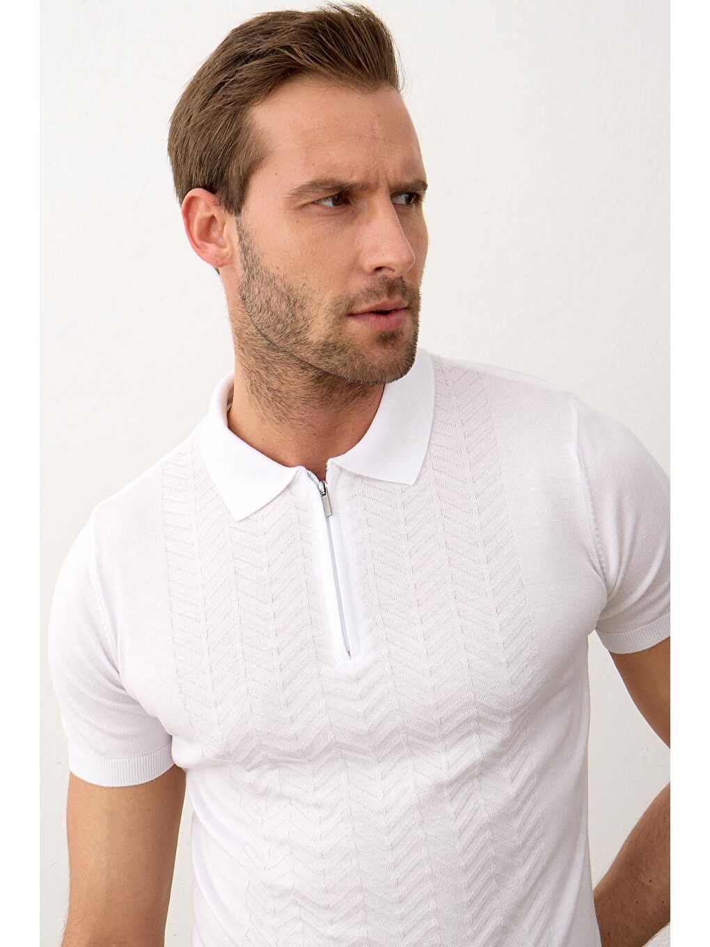 Beyaz Erkek Slim-Fit Kalıp Polo Yaka Yazlık Triko Tişört-3