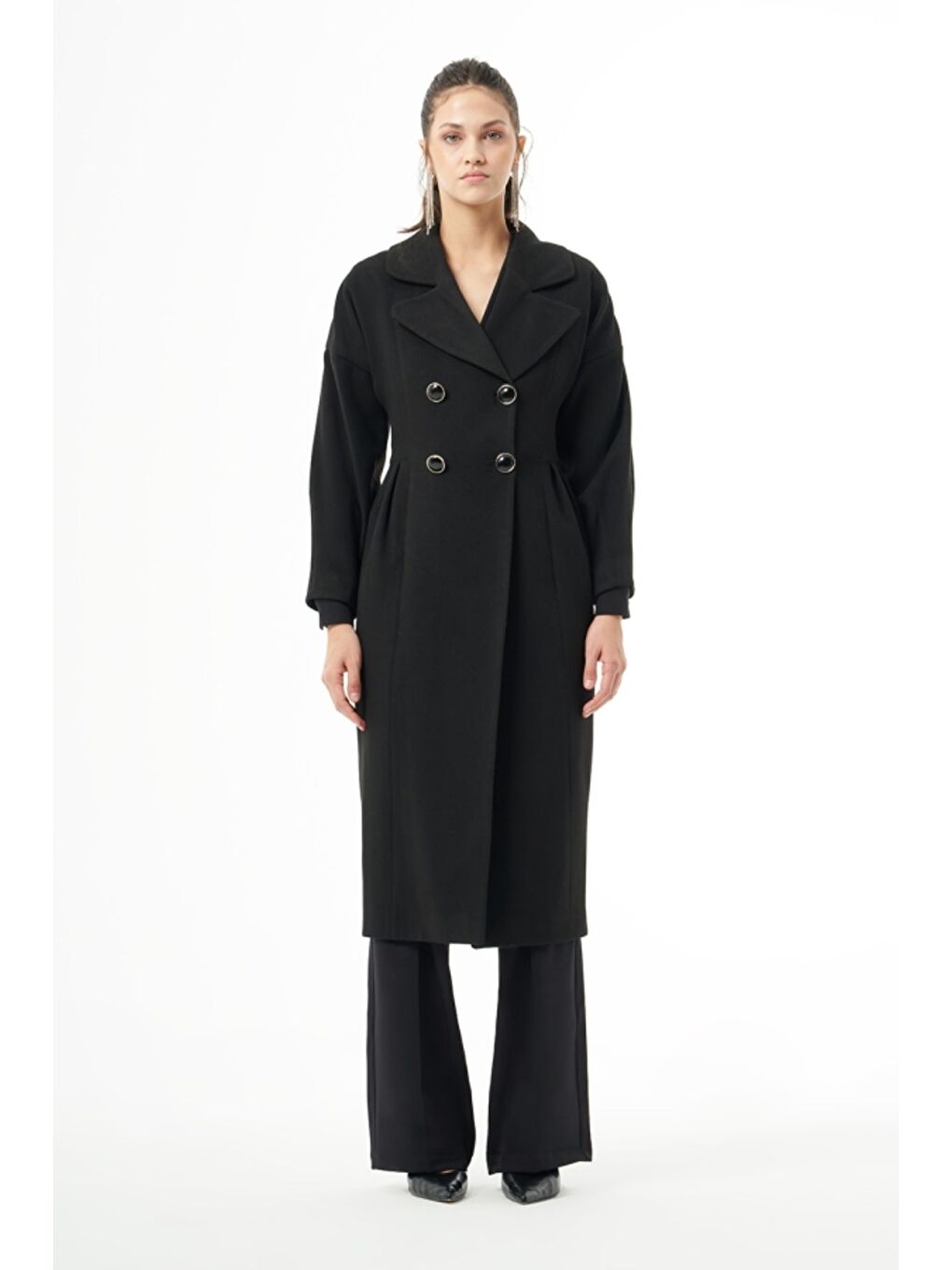 MZL Siyah Bel Pilesi Detaylı Uzun Kaşe Kaban