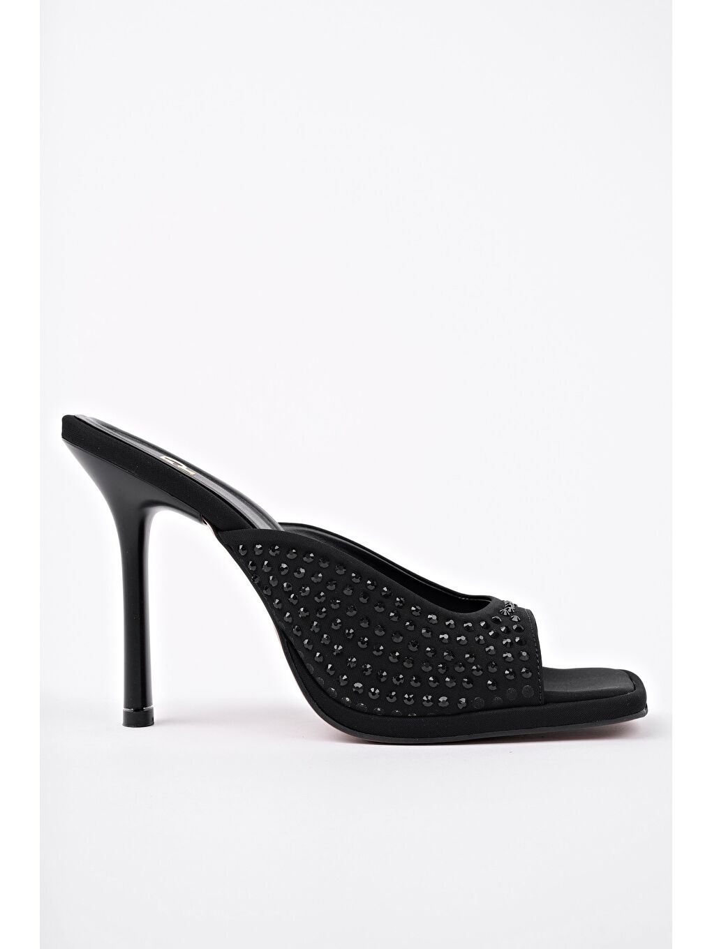 Siyah PUJA Küt Burun İnce Topuklu Taşlı Kadın Topuklu Terlik-1