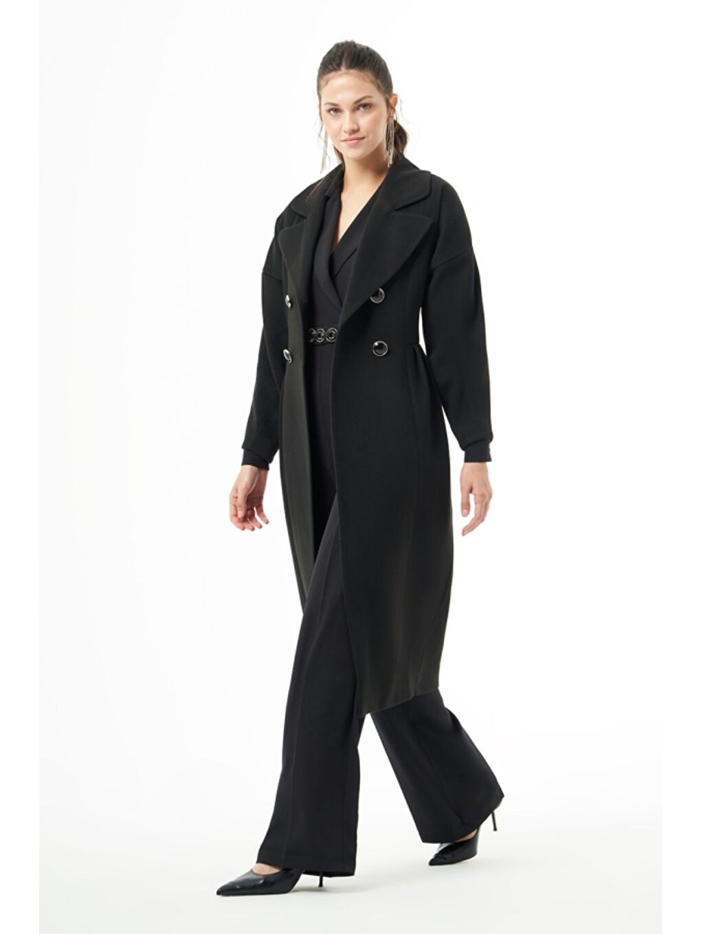 MZL Siyah Bel Pilesi Detaylı Uzun Kaşe Kaban-1