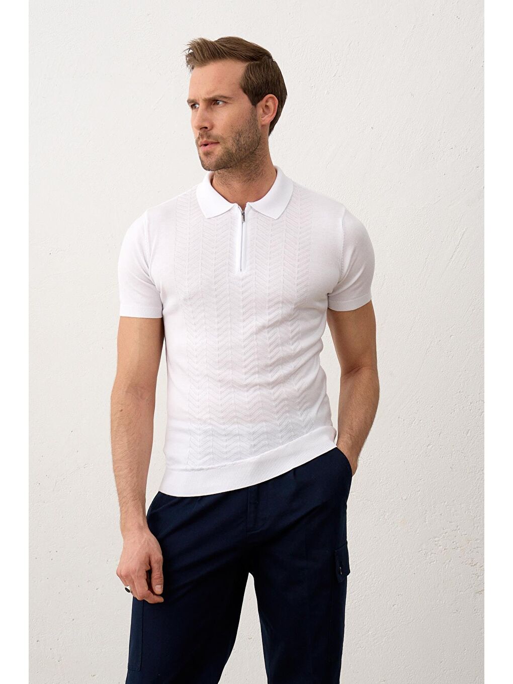 Beyaz Erkek Slim-Fit Kalıp Polo Yaka Yazlık Triko Tişört-4