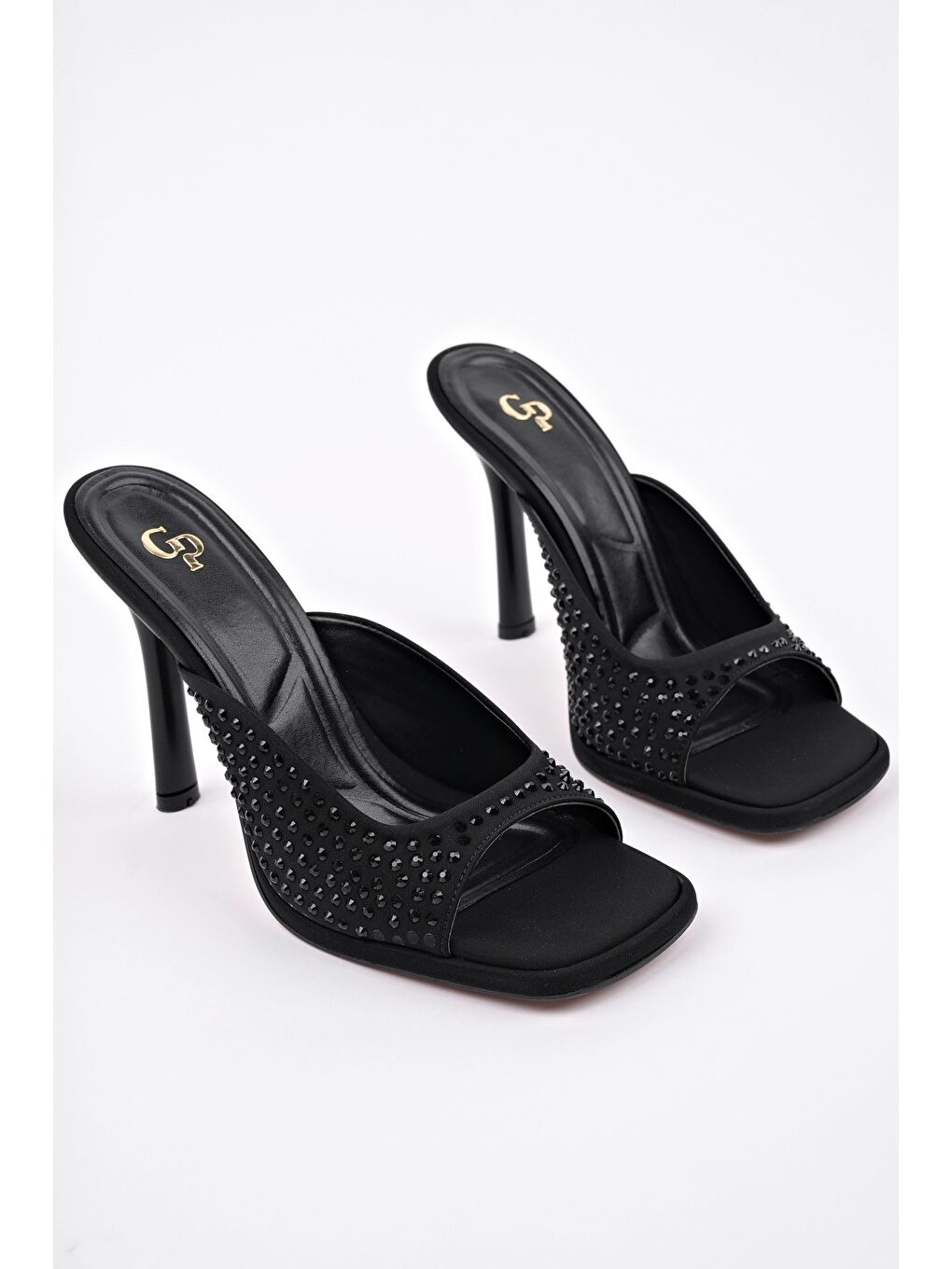 Siyah PUJA Küt Burun İnce Topuklu Taşlı Kadın Topuklu Terlik-3