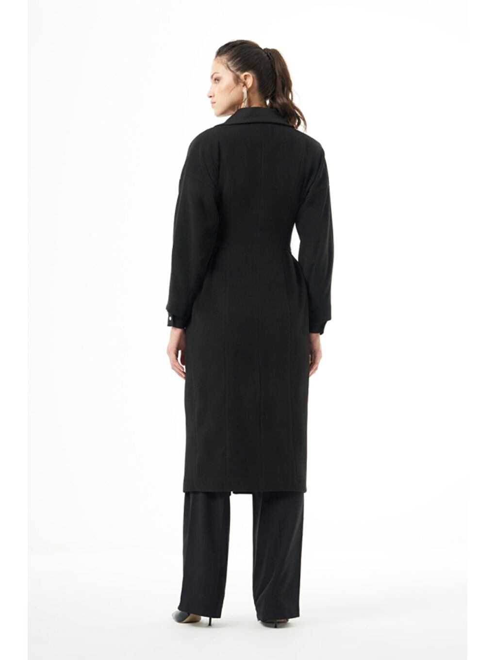 MZL Siyah Bel Pilesi Detaylı Uzun Kaşe Kaban-3