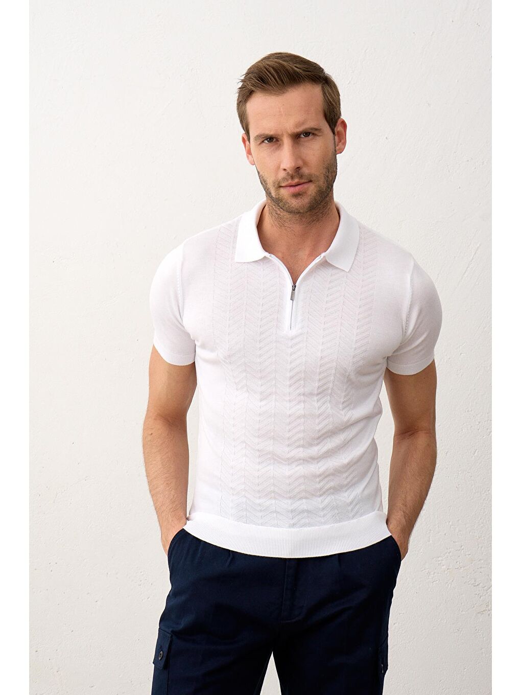 Beyaz Erkek Slim-Fit Kalıp Polo Yaka Yazlık Triko Tişört-5