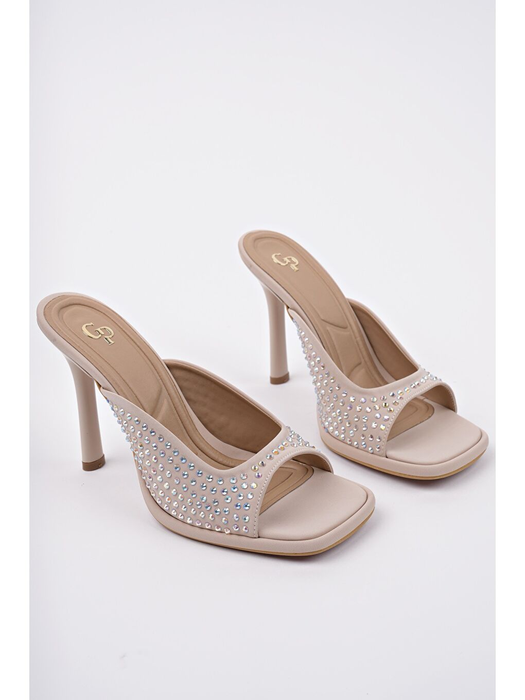 Bej PUJA Küt Burun İnce Topuklu Taşlı Kadın Topuklu Terlik