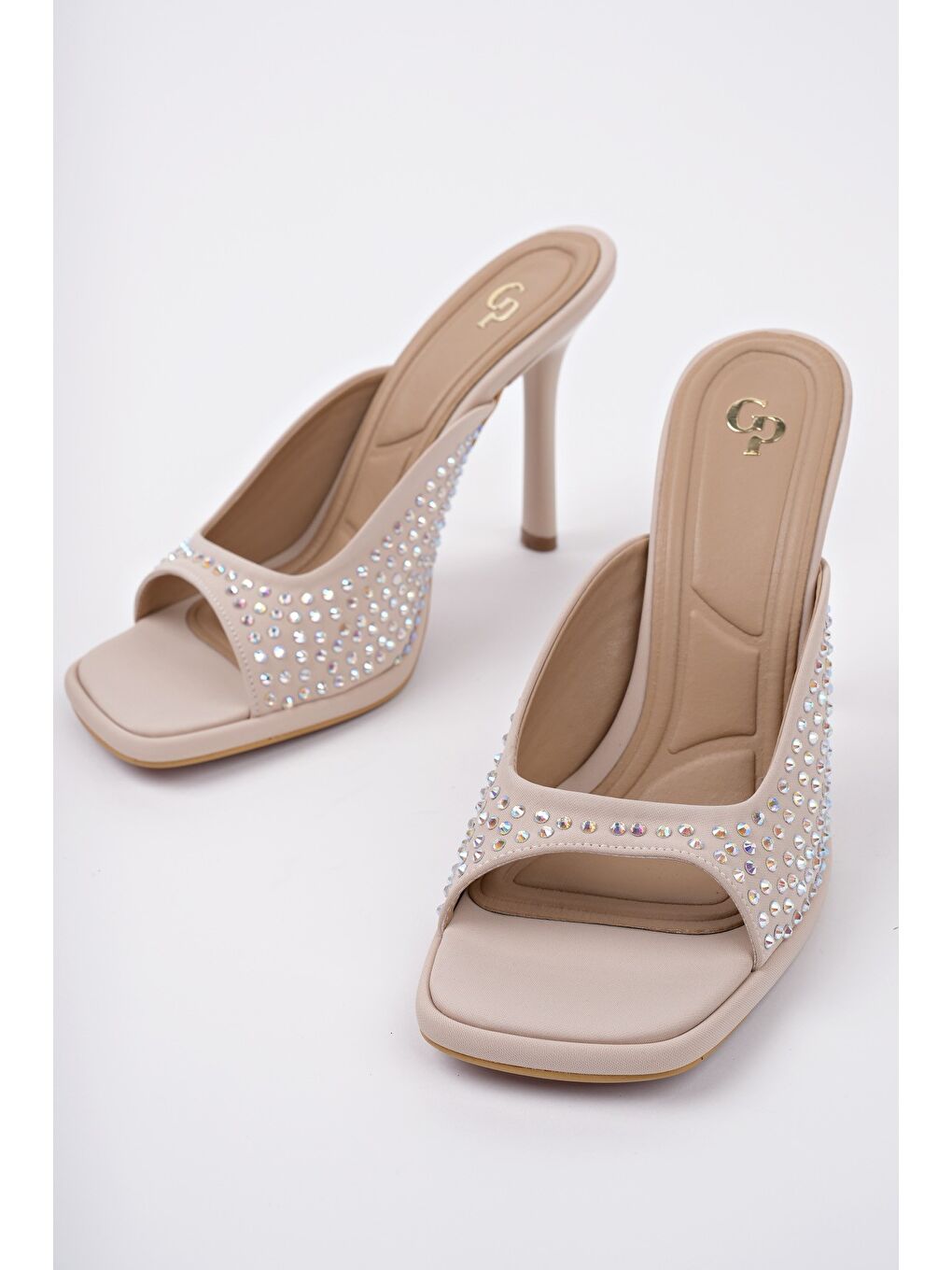 Bej PUJA Küt Burun İnce Topuklu Taşlı Kadın Topuklu Terlik-3
