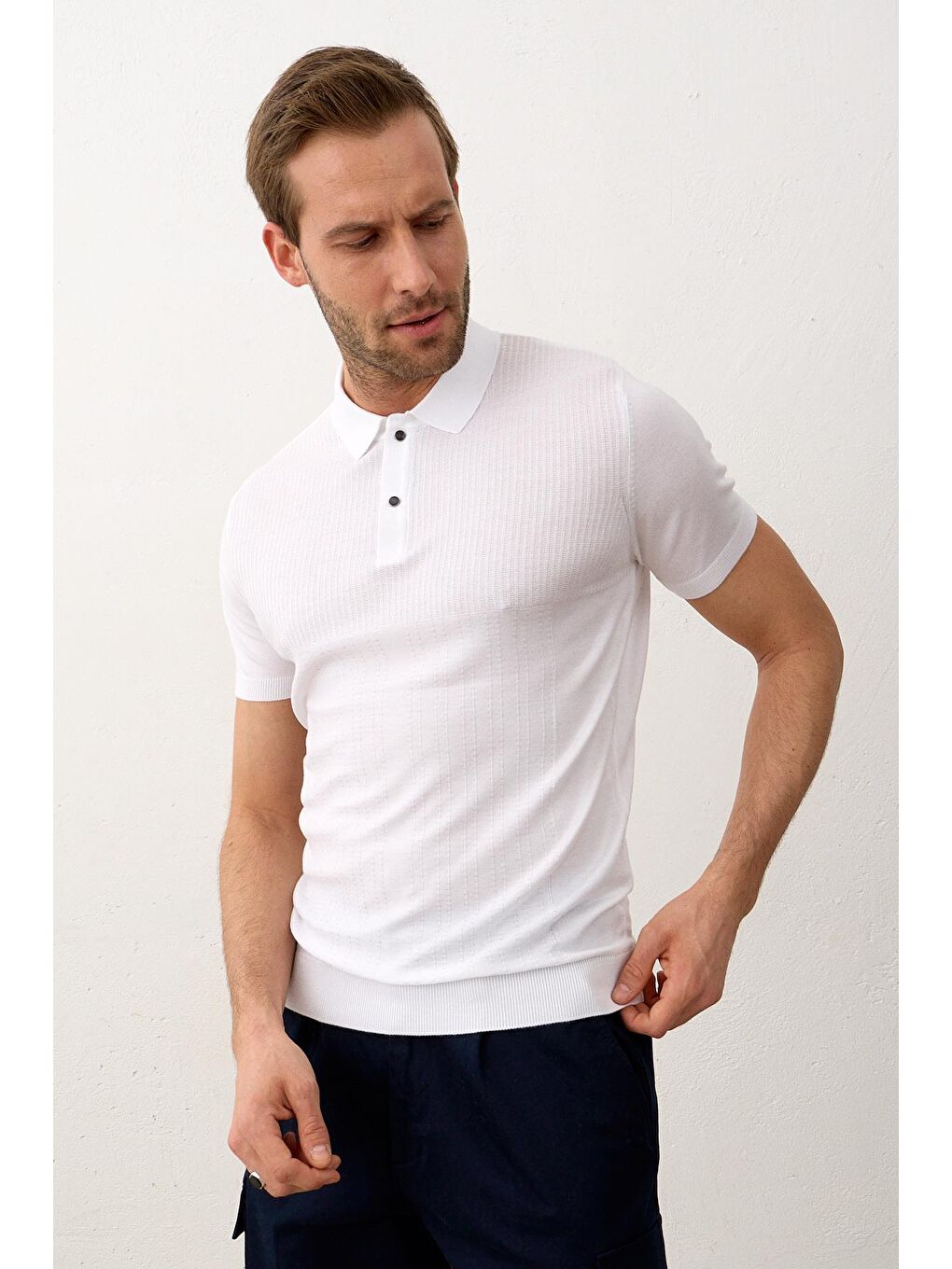 Danger Erkek Slim-Fit Yazlık Triko Polo Yaka Tişört Beyaz - 1