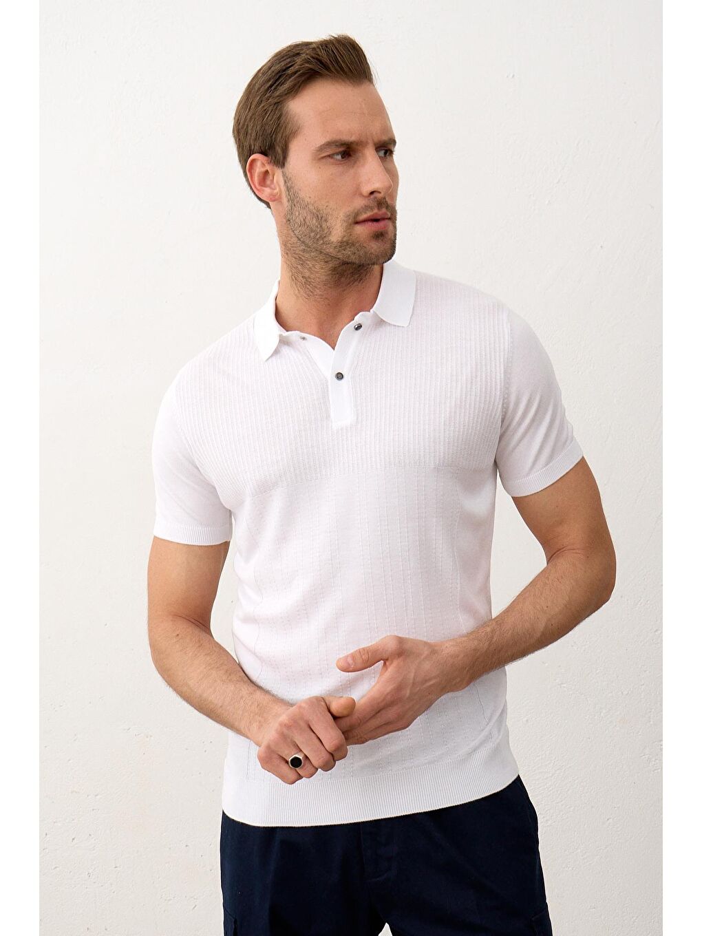 Danger Erkek Slim-Fit Yazlık Triko Polo Yaka Tişört Beyaz - 2