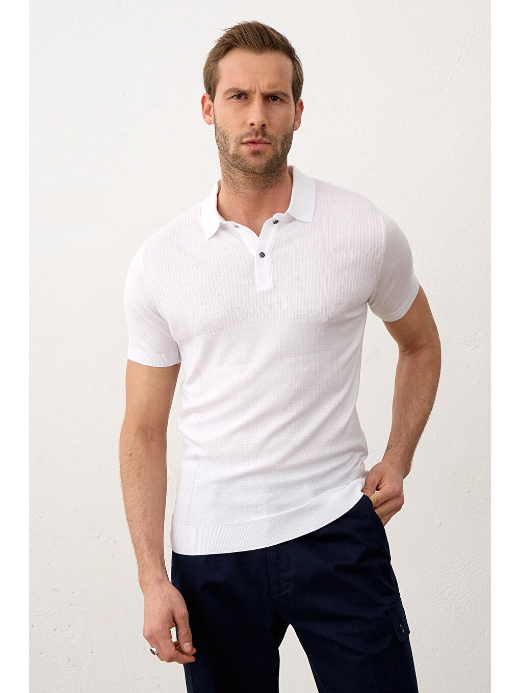 Danger Erkek Slim-Fit Yazlık Triko Polo Yaka Tişört Beyaz - 4