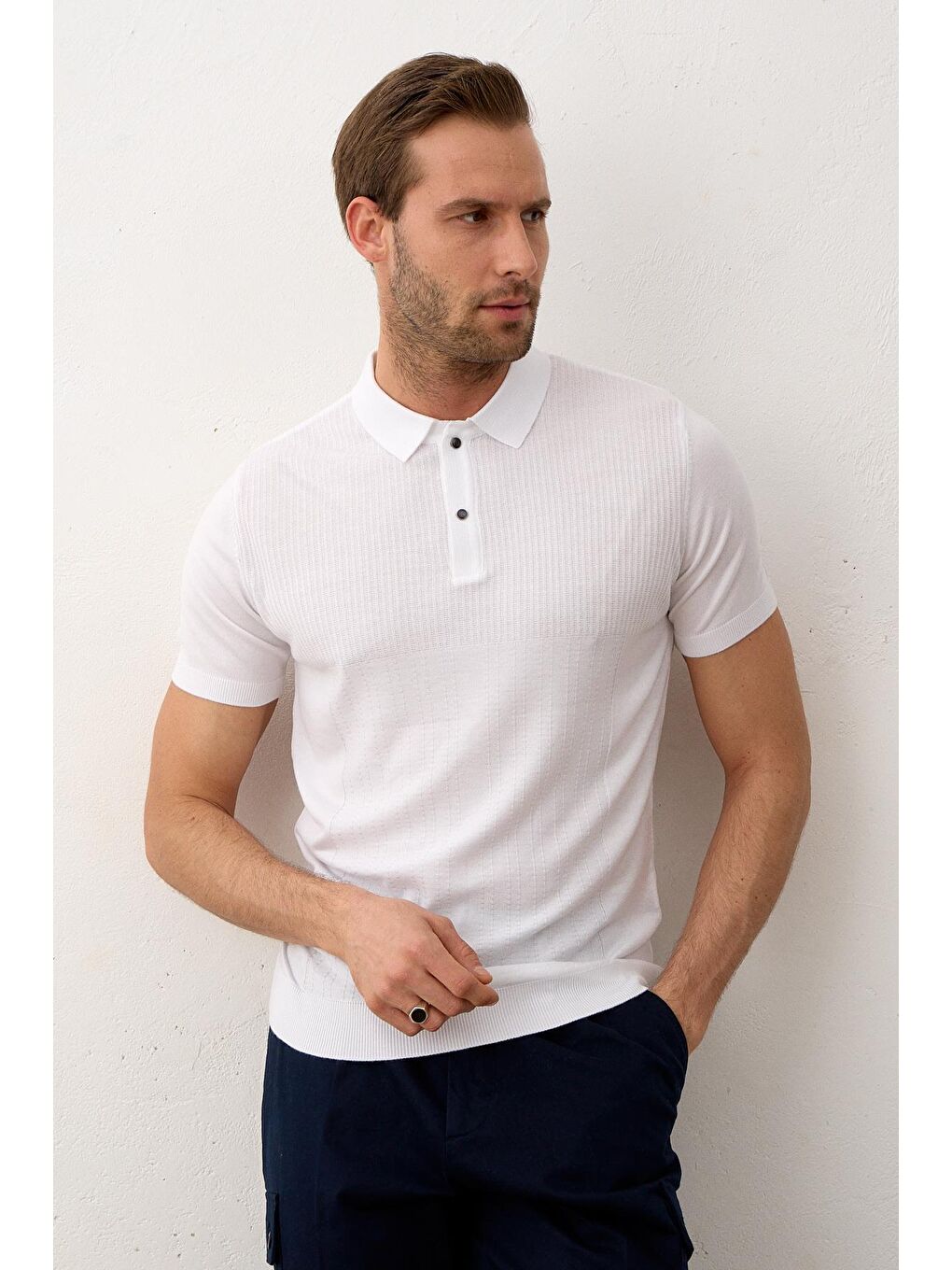 Danger Erkek Slim-Fit Yazlık Triko Polo Yaka Tişört Beyaz - 6