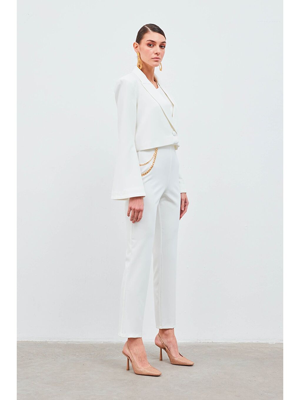 Zincir Aksesuarlı Pantolon - Ekru-1