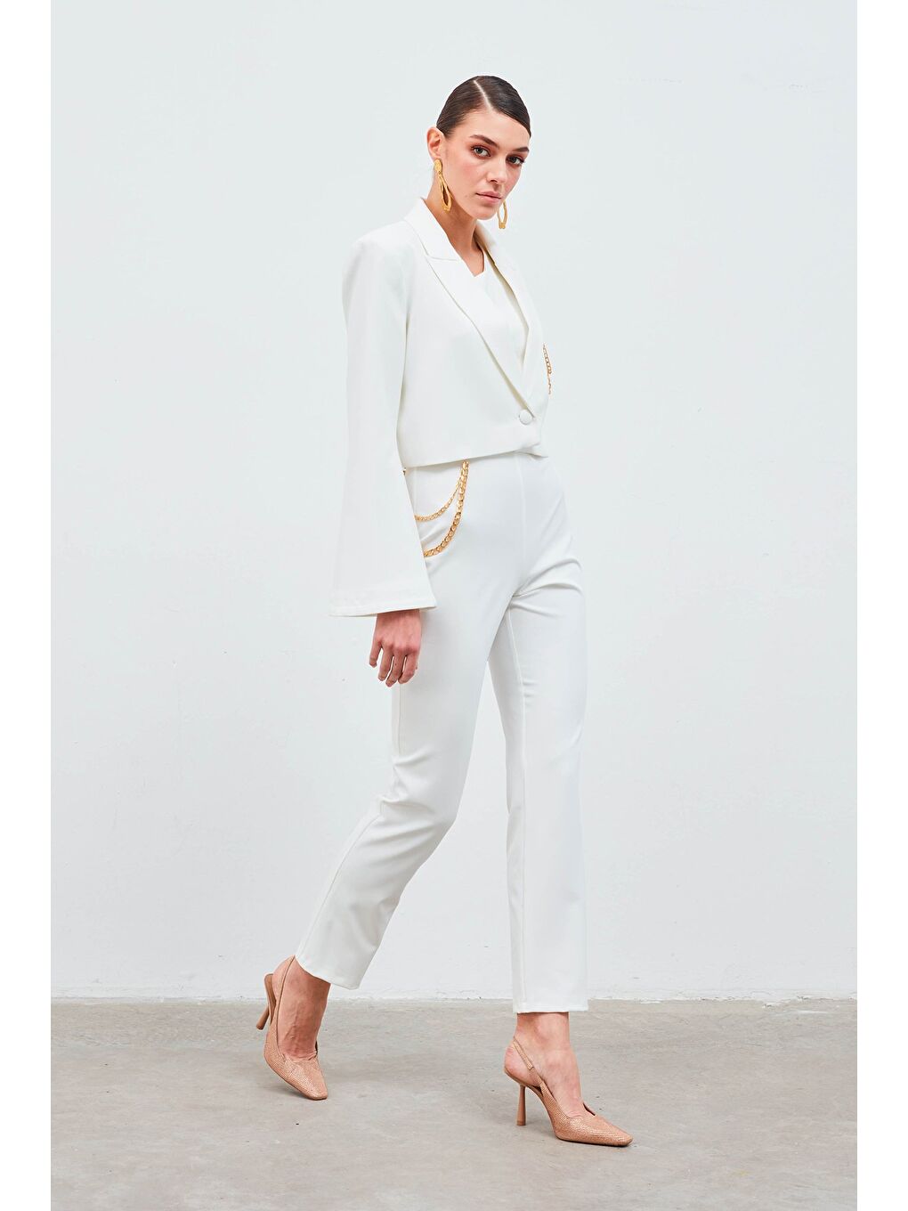 Zincir Aksesuarlı Pantolon - Ekru-2