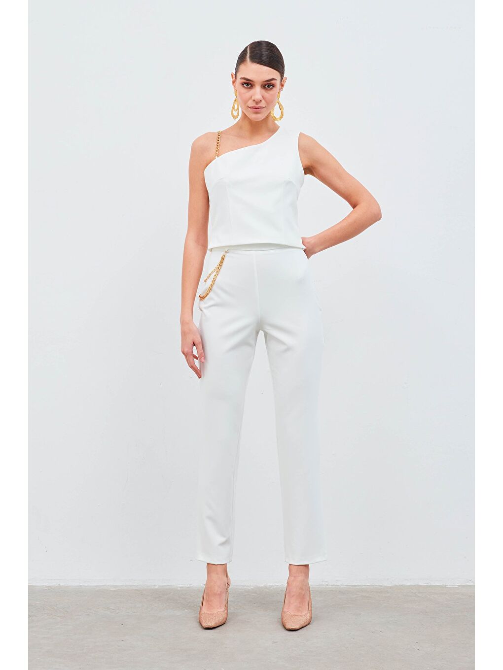 Zincir Aksesuarlı Pantolon - Ekru-5