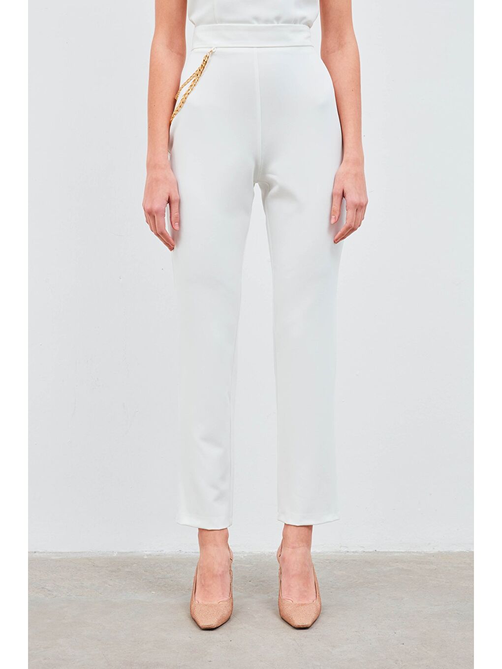 Zincir Aksesuarlı Pantolon - Ekru-6