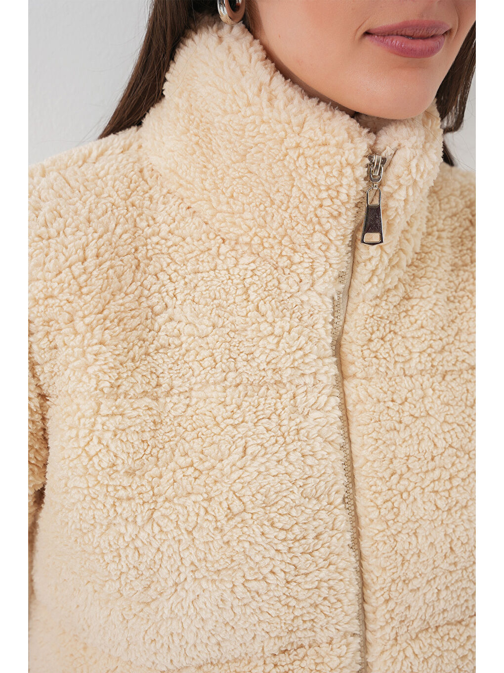 Ekru 5178 Astarlı Pelüş Mont   Krem-1