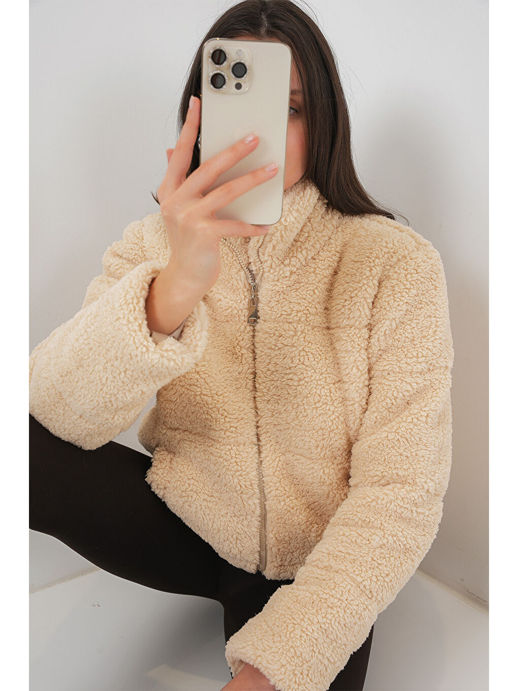 Ekru 5178 Astarlı Pelüş Mont   Krem-3