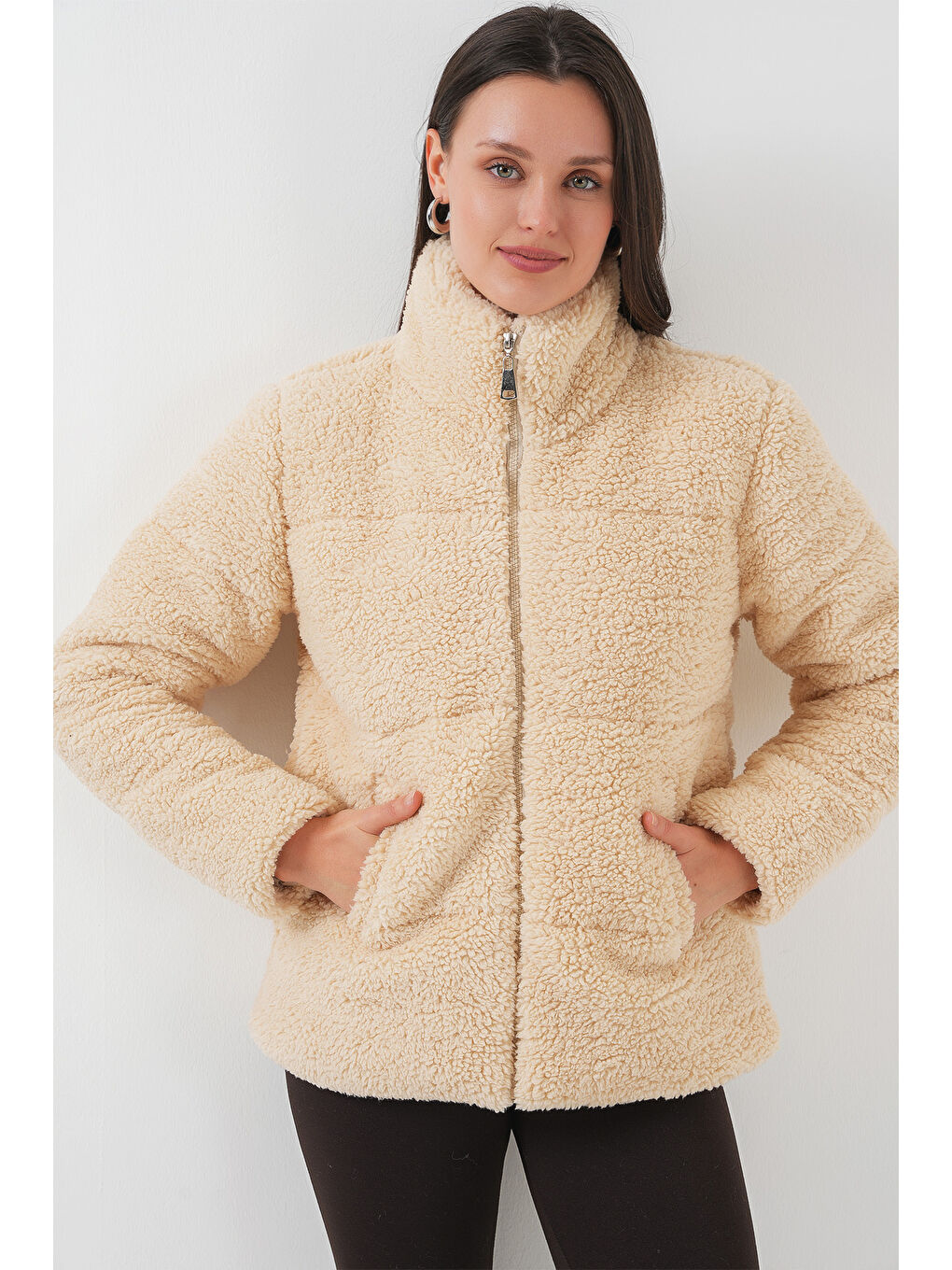 Ekru 5178 Astarlı Pelüş Mont   Krem-4