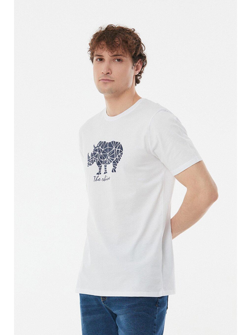 Beyaz Baskılı Bisiklet Yaka Tişört-2