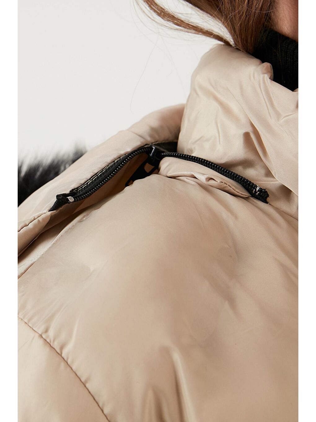 Gri Yakası Suni Kürklü Çıkarılabilir Kapüşonlu Dik Yaka Mont 5760089-5