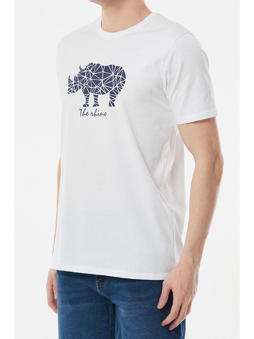 Beyaz Baskılı Bisiklet Yaka Tişört-3