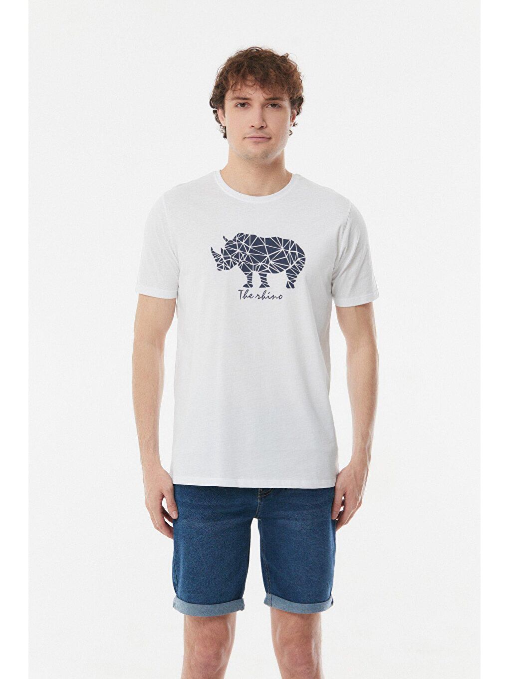 Beyaz Baskılı Bisiklet Yaka Tişört-4