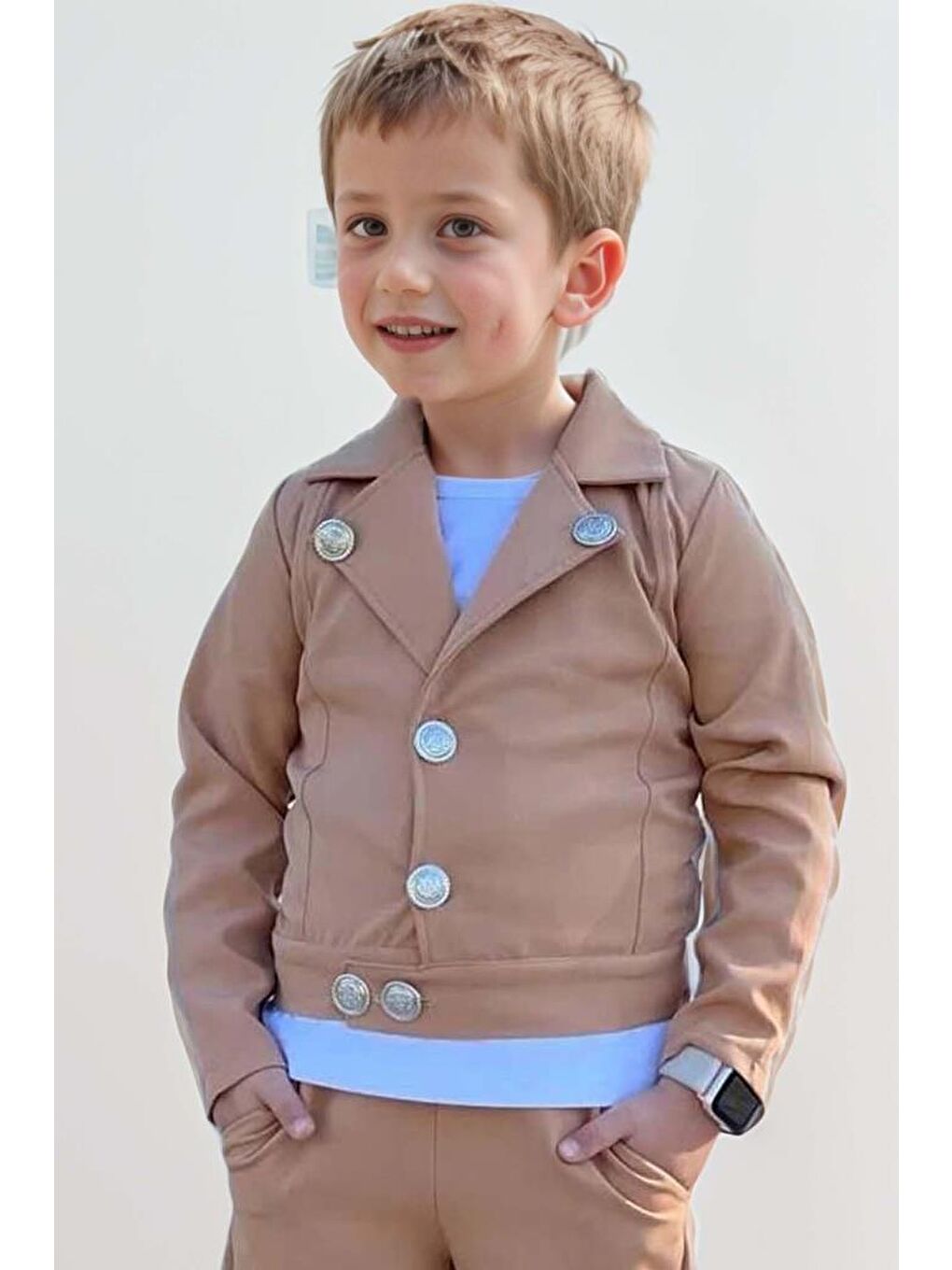 Erkek Çocuk Bisiklet Yaka Bluz ve Gümüş Düğme Detaylı Kahverengi Ceket Alt Üst Takım-2
