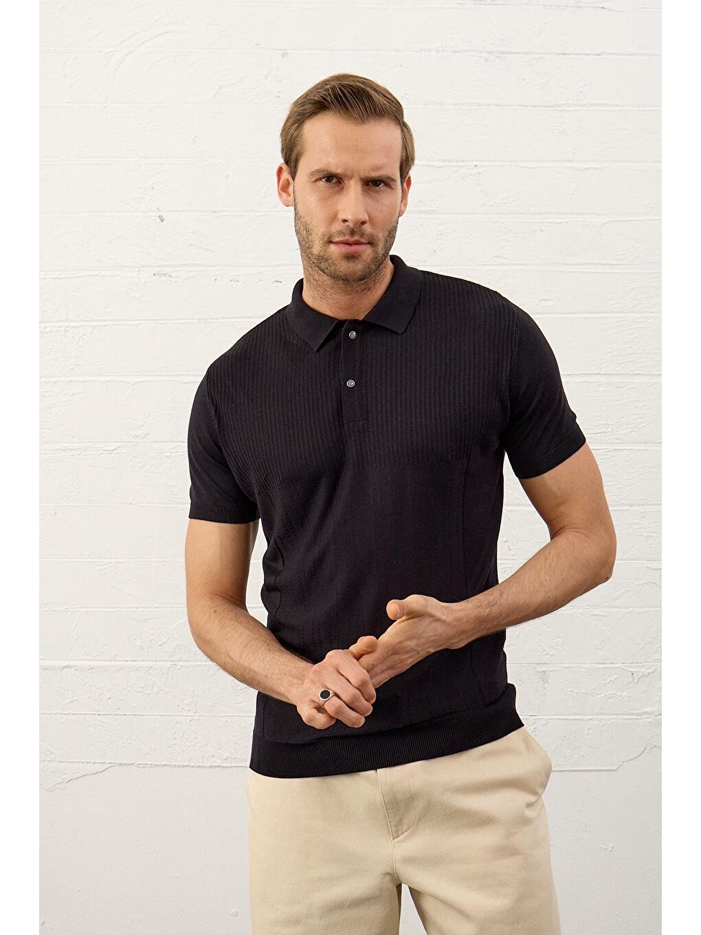 Erkek Slim-Fit Yazlık Triko Tişört Koyu Lacivert