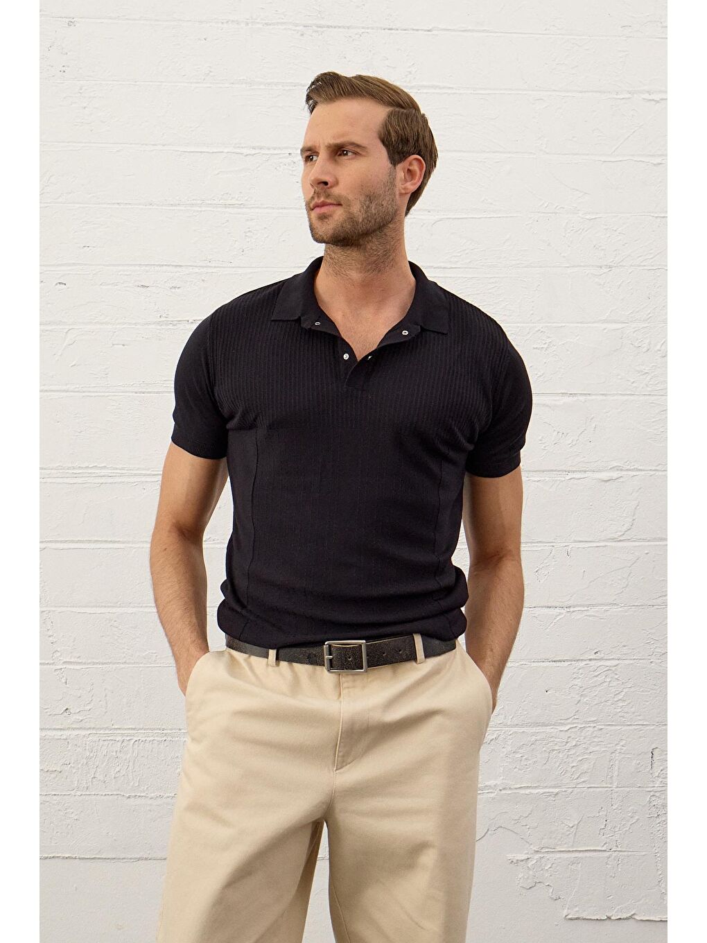 Erkek Slim-Fit Yazlık Triko Tişört Koyu Lacivert-4