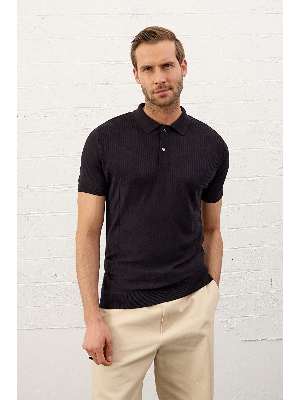 Erkek Slim-Fit Yazlık Triko Tişört Koyu Lacivert-5