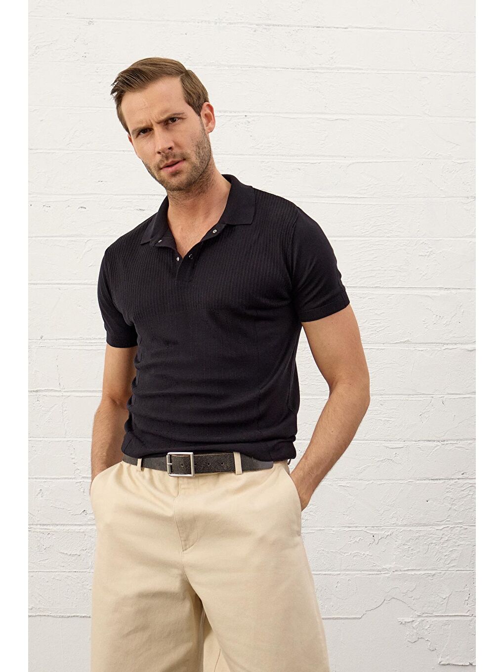 Erkek Slim-Fit Yazlık Triko Tişört Koyu Lacivert-6