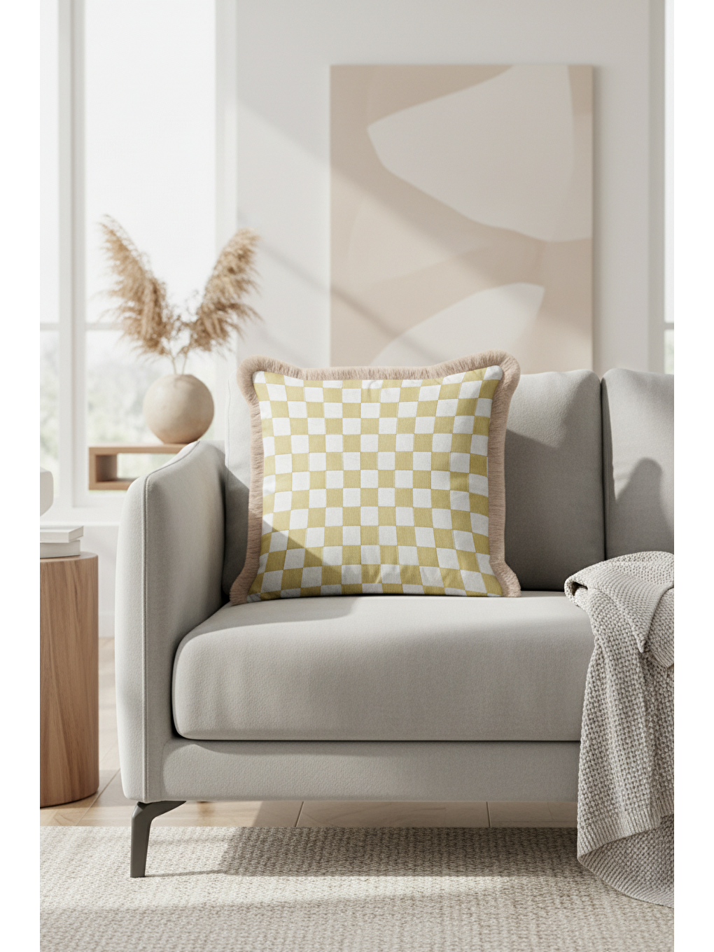 Karışık Lüks Kareli Saçaklı Yastık Kılıfı - Retro Çağdaş Ekru Altın Renkli Püsküllü Kırlent Kılıfı-3