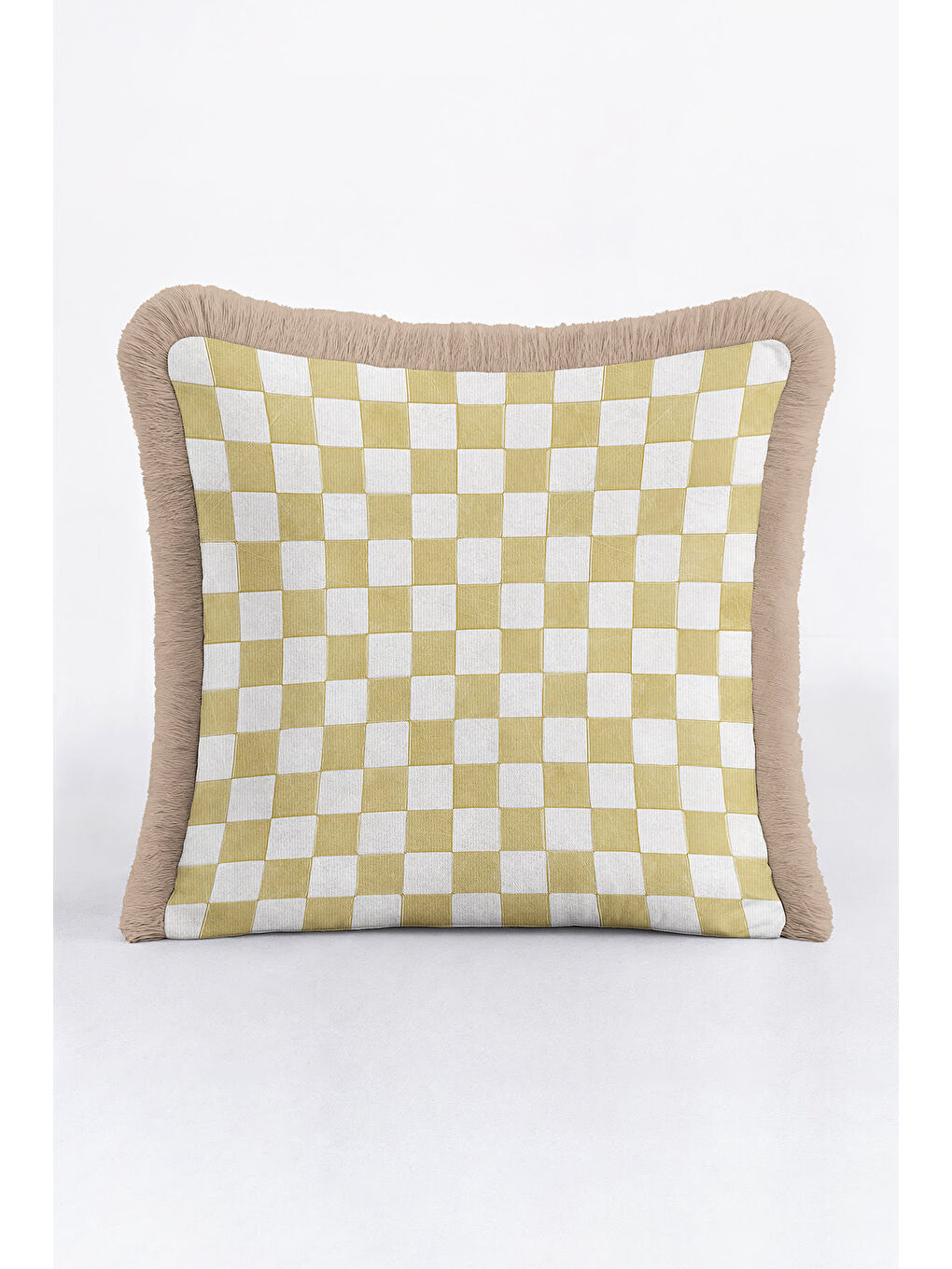 Karışık Lüks Kareli Saçaklı Yastık Kılıfı - Retro Çağdaş Ekru Altın Renkli Püsküllü Kırlent Kılıfı-4