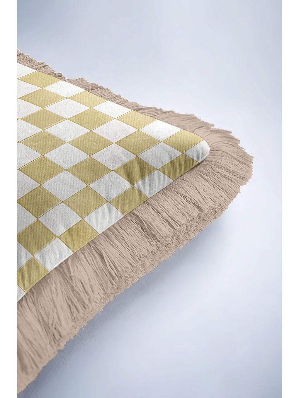 Karışık Lüks Kareli Saçaklı Yastık Kılıfı - Retro Çağdaş Ekru Altın Renkli Püsküllü Kırlent Kılıfı-6