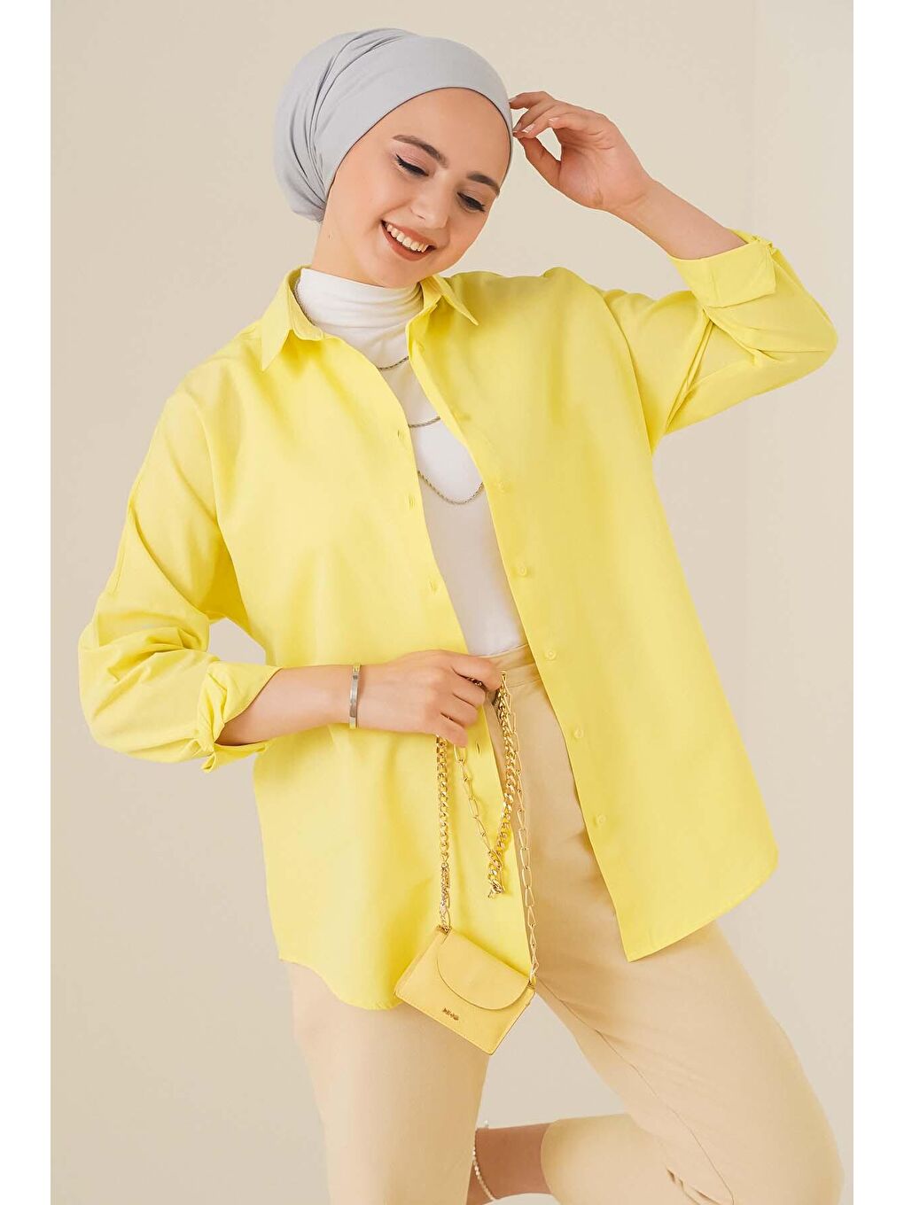103901 Oversize Basic Tesettür Gömlek - Sarı