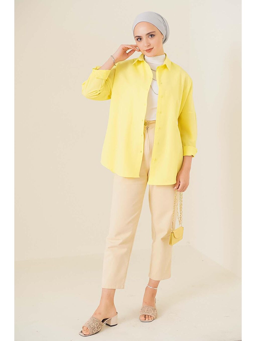 103901 Oversize Basic Tesettür Gömlek - Sarı-1