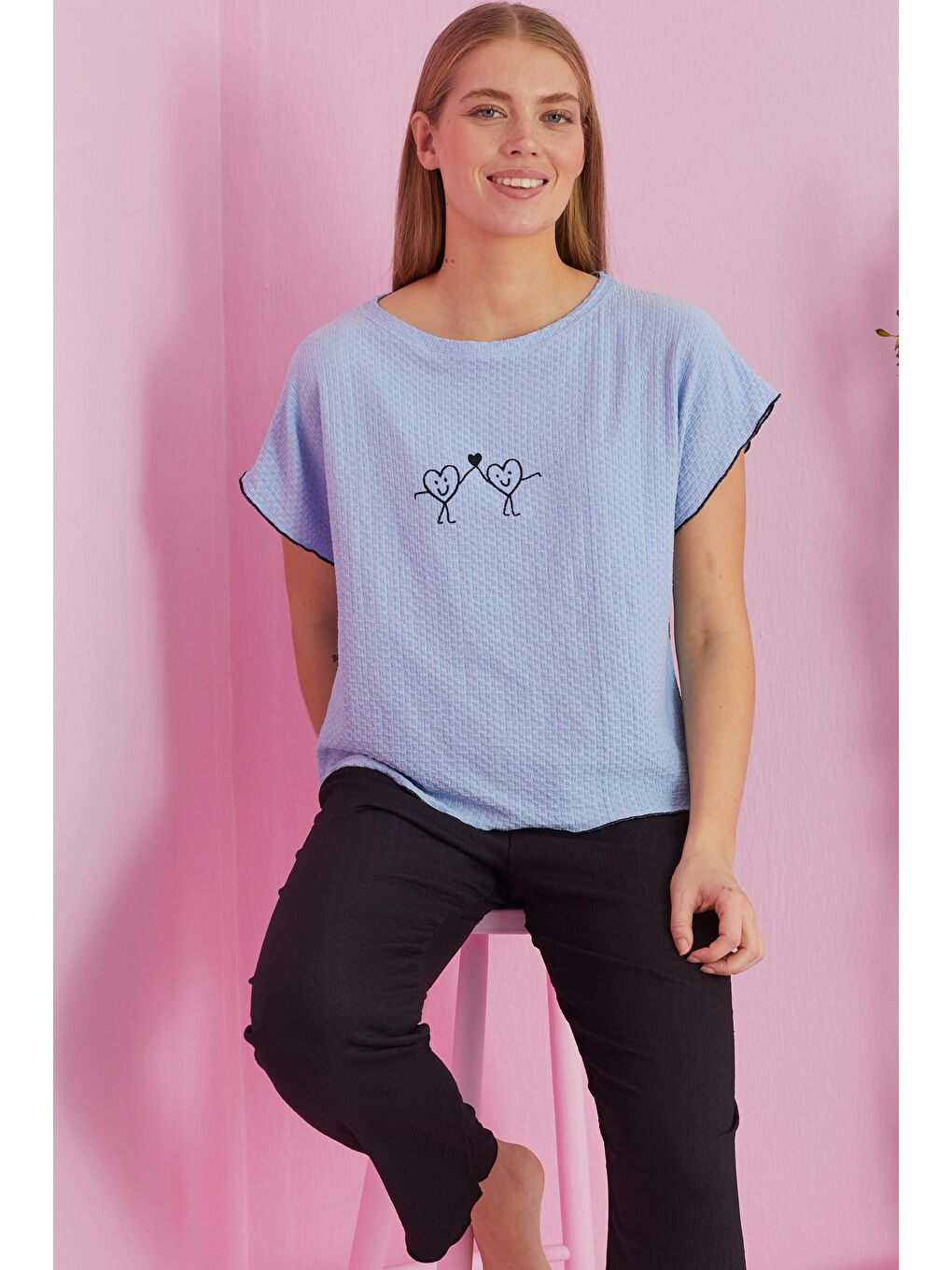 Mavi Krinkıl Kumaş Örme Pijama Takım