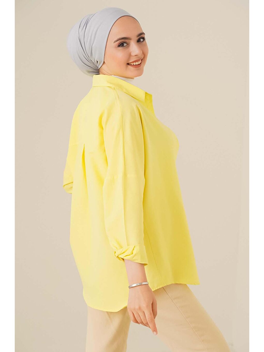 103901 Oversize Basic Tesettür Gömlek - Sarı-2