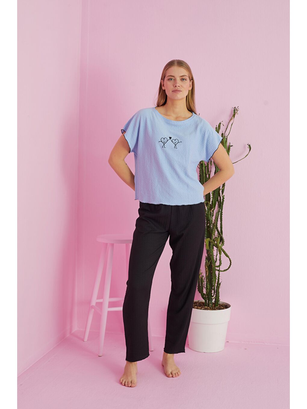 Mavi Krinkıl Kumaş Örme Pijama Takım-1